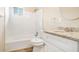 Bathroom featuring a shower and tub combo, granite countertop, and white vanity at 869 Capitol View Nw Ave, Atlanta, GA 30318