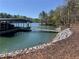 Scenic waterfront view with a private dock, bridge, stone shoreline, and mulched pathway at 3560 Chattahoochee Rd, Cumming, GA 30041