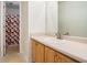 Bathroom featuring a neutral countertop with a sink, wood cabinets, and a shower with a colorful curtain at 1297 Partridge Ln, Riverdale, GA 30296