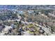 Aerial view of a residential neighborhood featuring a variety of home styles, mature trees, and a nearby lake at 1712 Green Farm Cir, Dacula, GA 30019