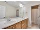 Bright bathroom featuring a double sink vanity with wood cabinets and a large mirror at 179 Bradshaw Park Dr, Woodstock, GA 30188
