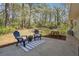 Outdoor patio with seating area, picnic table, and view of the lush backyard at 656 New Hope Rd, Lawrenceville, GA 30046