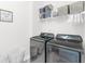 Modern laundry room equipped with front-load washer and dryer and shelving for storage at 100 Westchester Pass, Peachtree City, GA 30269