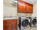 Modern laundry room with wood cabinets and stainless steel washer and dryer at 19 Troup Ct, Acworth, GA 30101