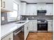 Modern kitchen with white cabinets, stainless steel appliances, gray backsplash, and hardwood floors at 2411 Charleston Oaks Ln, Decatur, GA 30030