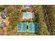 Overhead view showcasing community amenities like a swimming pool and tennis courts, surrounded by lush greenery at 2018 Sugar Maple Ln, Woodstock, GA 30189