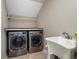 Well-organized laundry room featuring a washer, dryer, utility sink, and shelving at 3851 Westwick Nw Way, Kennesaw, GA 30152