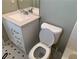 Cozy bathroom featuring a toilet, vanity with a white sink and countertop, and patterned tile flooring at 1848 San Gabriel Ave, Decatur, GA 30032