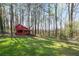 Scenic backyard view with lush greenery, a charming red barn, and mature trees at 5095 Derry Nw Rd, Acworth, GA 30101
