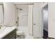 Well-appointed bathroom with modern fixtures, decorative tiles and a shower-tub combination behind a white curtain at 2901 Lenox Rd # 1002, Atlanta, GA 30324