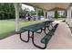 A covered picnic area featuring metal picnic tables and benches in a grassy community space at 257 Stone Park Dr, Woodstock, GA 30188