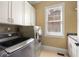 Modern laundry room with updated washer and dryer, storage cabinets, and a window at 2770 Wooded Hills Walk, Marietta, GA 30062