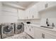 Bright laundry room with white cabinets, modern appliances, sink, and beautiful tile flooring at 555 Lower Birmingham Rd, Canton, GA 30115