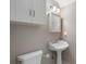 Powder room with pedestal sink, gray walls, toilet and vanity light at 740 Frank Kirk Nw Rd, Kennesaw, GA 30152