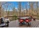 Spacious wood deck features outdoor dining area with chairs and table overlooking beautiful wooded backyard at 931 Cornwall Sw Ct, Marietta, GA 30064