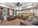 Home theater showcasing comfortable seating, carpeted floors, decorative wall panels, and a ceiling fan at 931 Cornwall Sw Ct, Marietta, GA 30064