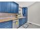 Bright kitchen with custom blue cabinets, butcher block countertops, and stainless steel appliances at 12 Remington Ct, Euharlee, GA 30145