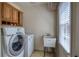 Laundry room with a washer, dryer, utility sink, and storage cabinets at 210 Chiswick Close, Johns Creek, GA 30022