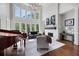 Grand living room with soaring ceilings, brick fireplace, large windows, hardwood floors and comfortable seating at 948 Saint Lyonn Cts, Marietta, GA 30068