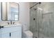 Modern bathroom features a glass enclosed shower, sleek vanity and fixtures, and neutral finishes at 1653 Pamela Ne Dr, Brookhaven, GA 30319