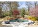 Expansive backyard with pool, spa, waterfall feature, patio, lounge chairs, and dining set at 3847 Sweet Bottom Dr, Duluth, GA 30096