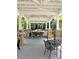 Covered patio with tables, chairs, ceiling fans and stone column supports for outdoor relaxation and entertaining at 3655 Brisbane Dr, Marietta, GA 30062