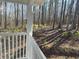 View of the backyard with wooded area, seen from the home's porch with white railing at 1610 Mulberry Rock Rd, Dallas, GA 30157