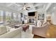 Comfortable living room with coffered ceilings, stone fireplace, built-in shelves, and plush seating at 7740 Nesbit Ferry Rd, Atlanta, GA 30350
