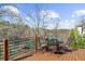 Outdoor wooden deck overlooking water features outdoor seating and metal railings at 1525 Lockridge Dr, Cumming, GA 30041