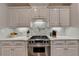 Close-up of a gourmet range with stainless steel appliances and white cabinetry at 3006 Cambridge Hill Dr, Dacula, GA 30019