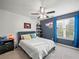 Bedroom featuring carpeted floors, ceiling fan, and a bright blue accent wall at 7750 Silversmith Dr, Cumming, GA 30028