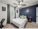 This cozy bedroom features plush carpet and a dark accent wall at 7750 Silversmith Dr, Cumming, GA 30028
