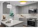 Bright kitchen features gray cabinets, stainless appliances, and herringbone backsplash for a stylish cooking space at 112 Rosaire Nw Pl, Atlanta, GA 30327