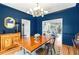 Charming dining room featuring a modern light fixture and dark blue paint for an eye-catching aesthetic at 1087 High Point Ne Dr, Atlanta, GA 30306