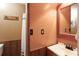 Cozy bathroom with wood paneling, a shower with curtain, and a sink with a wood framed mirror at 165 Carriage Gate Dr, Sharpsburg, GA 30277