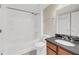 Bright bathroom featuring a shower-tub combo, modern vanity with dark countertop, and a well-lit mirror at 275 13Th Ne St # 903, Atlanta, GA 30309