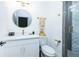 Bathroom featuring a white vanity, gold accents, and a shower with geometric tile at 224 Ormond Sw St # A, Atlanta, GA 30315