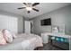 Cozy bedroom featuring neutral walls, ceiling fan, closet, and a vanity with lighted mirror at 551 Rokeby Dr, Woodstock, GA 30188