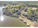 Breathtaking aerial view of lakefront homes with private docks, surrounded by vibrant trees at 2220 Emerald Dr, Jonesboro, GA 30236