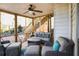 Covered porch with wicker furniture, ceiling fan, and view of the fenced yard at 3287 Rose Rdg, Atlanta, GA 30340