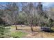 Backyard featuring mature trees, landscaping, and a trampoline at 821 Camden Park Ct, Atlanta, GA 30342