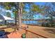 Expansive backyard features a lake view, mature trees, a wooden deck, and a glimpse of a house at 24 Allatoona Landing Rd #29, Cartersville, GA 30121