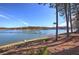 Beautiful lake view featuring a sandy beach, mature trees, a long pier, and tranquil blue waters at 24 Allatoona Landing Rd #29, Cartersville, GA 30121