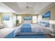 Staged main bedroom featuring tray ceilings, white furniture, carpet, and blue accents at 4033 Roxberry Hill Ln, Buford, GA 30518
