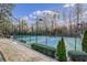 Well-maintained community tennis court with lighting for evening play, bordered by manicured landscaping at 58 Basswood Cir # 29, Atlanta, GA 30328