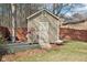 Backyard featuring a storage shed, garden beds, and a wooden fence for privacy at 4020 Inman Park Lane, Buford, GA 30519