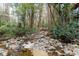 Picturesque view of the backyard with a tranquil stream flowing through natural rocks and lush greenery at 595 Overbrook Nw Dr, Atlanta, GA 30318