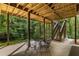 A covered patio with a table and chairs offers a shaded space for outdoor relaxation and enjoying the surrounding greenery at 275 Tynebrae Pl, Roswell, GA 30075