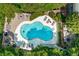 Aerial view of a community pool with lounge chairs, tables and landscaping all around at 1 Biscayne Nw Dr # 410, Atlanta, GA 30309