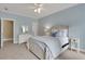Light-filled bedroom with blue walls, carpet, and a large bed with plush pillows and a white headboard at 2930 Monticello Dr, Cumming, GA 30041